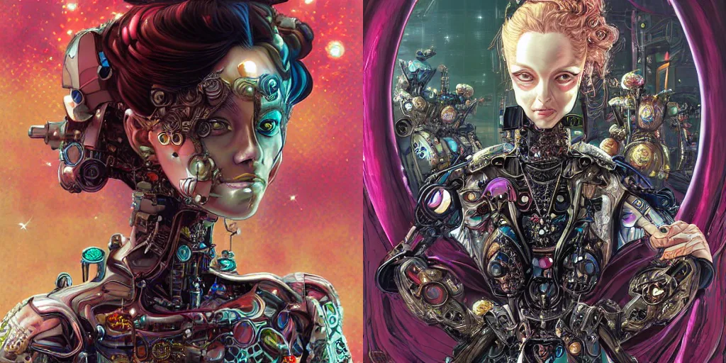 Prompt: portrait of a cyborg crazy princess wearing a luxurious dress, face is highly detailed, by masamune shirow, ayami kojima, josan gonzalez, yoshitaka amano, dan mumford, barclay shaw