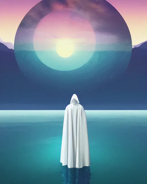 Prompt: a person wearing a white cloak standing in the water. a large planet is overhead. an album cover by stanley twardowicz, trending on cg society, retrofuturism, retrowave, chillwave, synthwave