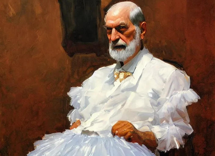 Prompt: a highly detailed beautiful portrait of sigmun freud wearing tutu, by gregory manchess, james gurney, james jean