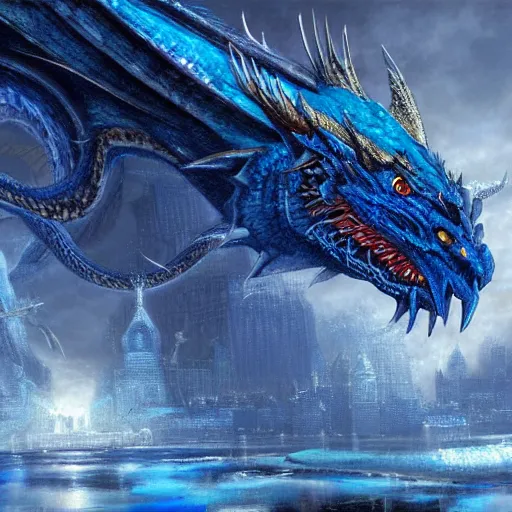 Prompt: An epic scene of a beautiful blue dragon in the mythical city made of ice, reflections, sparkle, a fantasy digital painting, artstation, concept art, sharp focus, illustration, art by Ted Nasmith and greg rutkowski, hyperdetailed, 8k