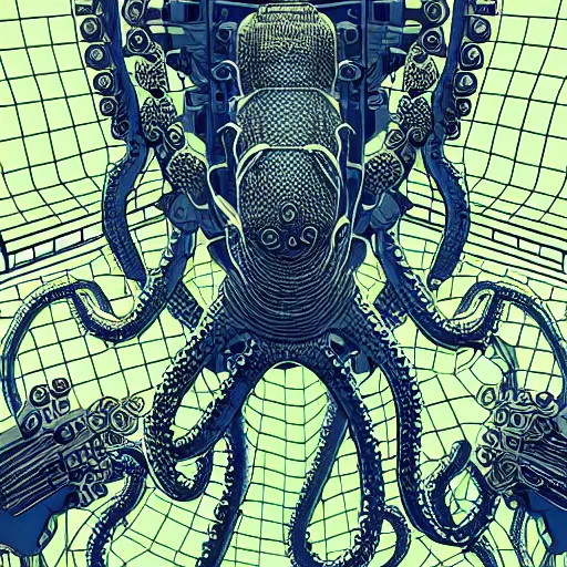 Image similar to robotic Octopus in an airlock, Industrial Scifi, detailed illustration, character portrait, by Martin Grip and Moebius