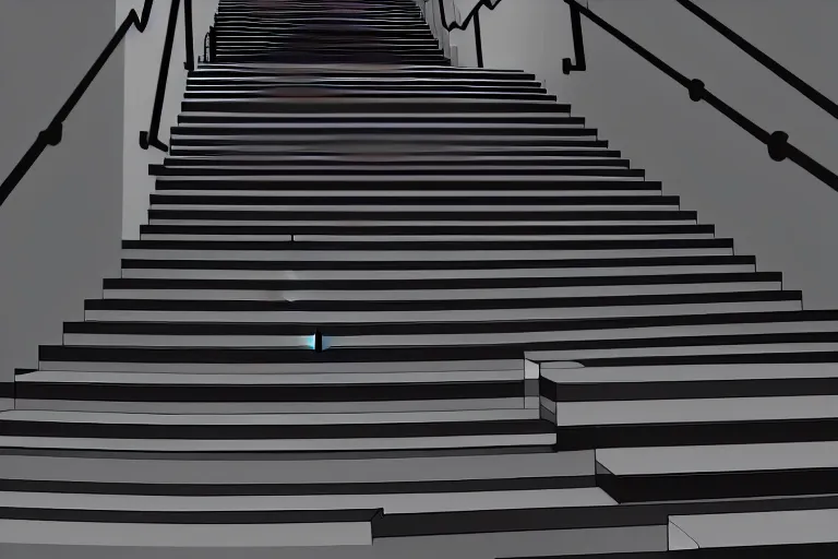 Image similar to a darkened stairway made of lego, with a small faceless figure walking down them, digital art