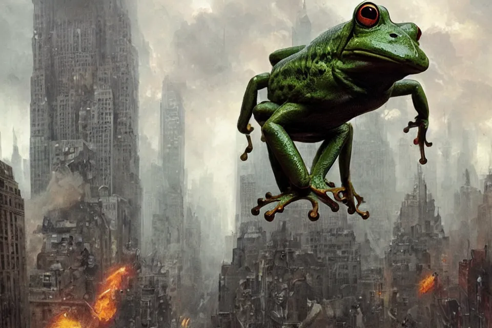Prompt: apocalyptic frog monster destroys New York, character art by Greg Rutkowski