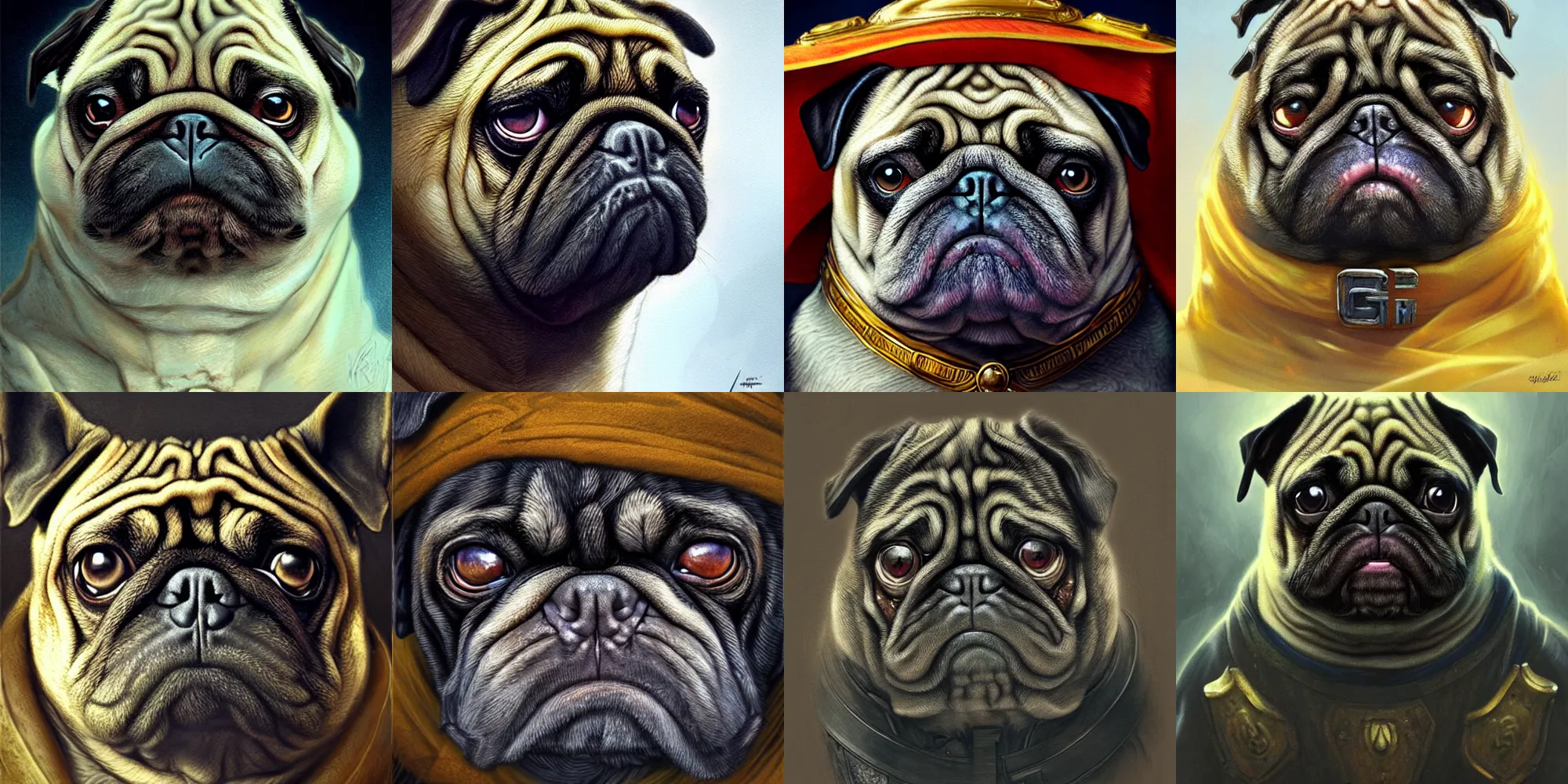 Prompt: The angry God Pug, portrait, highly detailed, digital painting, artstation, concept art, smooth, detailed rusty armor, sharp focus, beautiful face, symmetric face, dystopian, cinematic, videogame cover art, illustration, fantasy, blue and yellow color theme, art by Artgerm and Greg Rutkowski and Alphonse Mucha