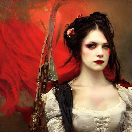 Image similar to Solomon Joseph Solomon and Richard Schmid and Jeremy Lipking victorian genre painting portrait painting of a happy young beautiful woman punk rock goth girl german french actress model pirate wench in fantasy costume, red background