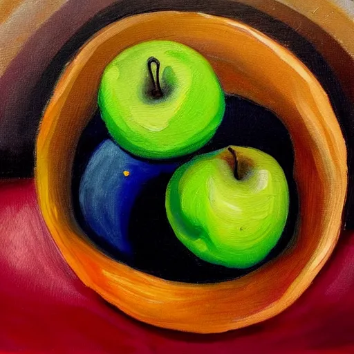 Image similar to a painting of an apple in a bowl