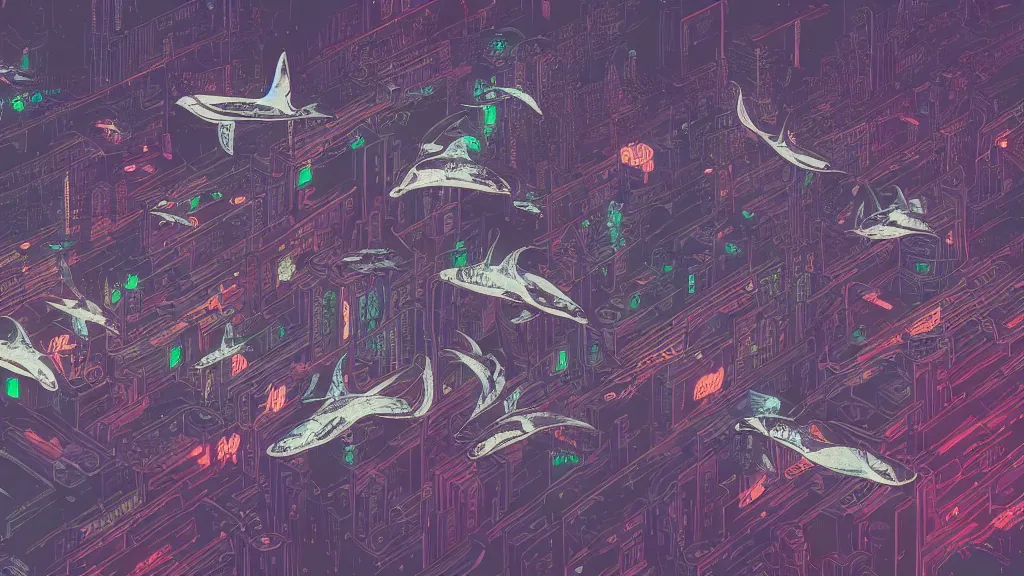 Image similar to highly detailed illustration of a pod of orcas flying over a cyberpunk city at night by kilian eng, moebius, nico delort, oliver vernon, joseph moncada, damon soule, manabu ikeda, 4 k resolution