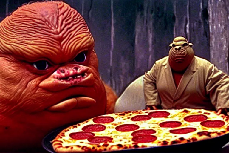 Image similar to a film still of pizza the hut in the akira, high quality