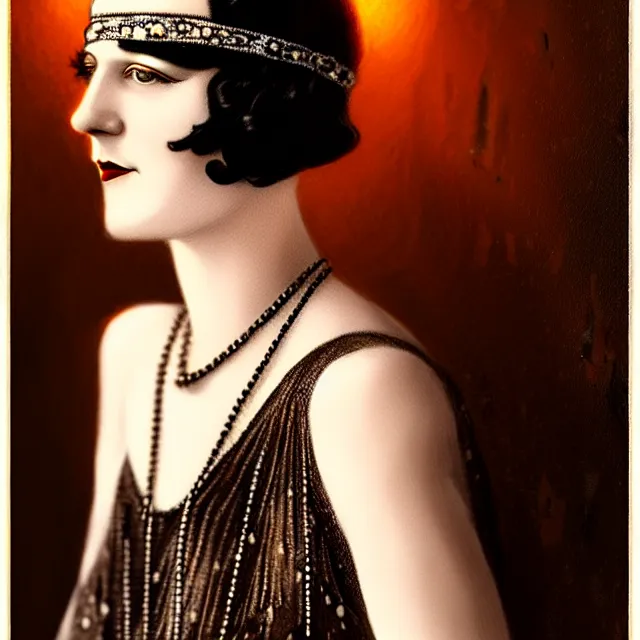 Prompt: 1 9 2 0 s woman in a flapper photo portrait, atmospheric lighting, painted, intricate, ultra detailed, well composed, best on artstation, cgsociety, epic, stunning, gorgeous, intricate detail, wow, masterpiece, by dave dorman