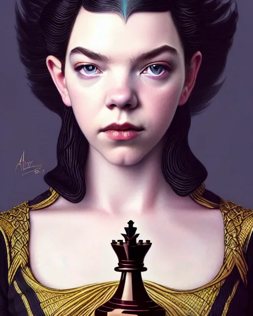 Image similar to 2 5 year old anya taylor - joy ( queen's gambit ) as a chess queen, art nouveau, fantasy, intricate, elegant, highly detailed, sharp focus, art by artgerm and greg rutkowski and wlop