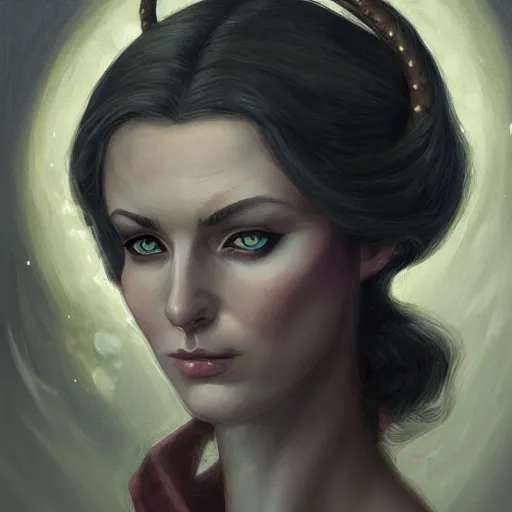 Image similar to a detailed matte head - on portrait painting of an middle - aged tiefling noblewoman with golden eyes and short well kept hair, by charlie bowater, lise deharme, wlop, tending on arstation, dungeons and dragon, dnd, pathfinder, fanart, oil on canvas