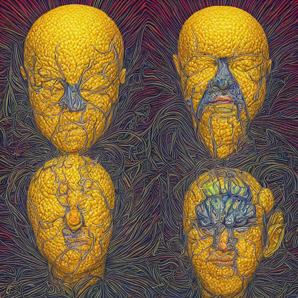 Image similar to Alex Grey painting of a lemon god, highly detailed, symmetrical, trending on artstation