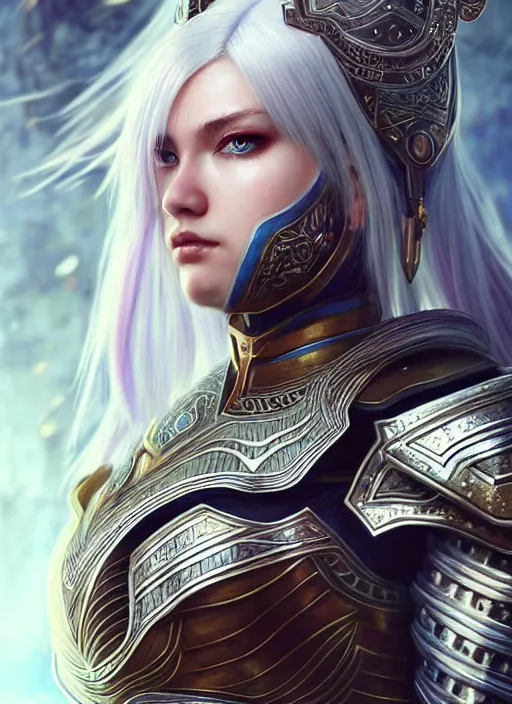 Image similar to warrior, intricate ornate opal heavy armor!!! beautiful and athletic white hair female!! gorgeous face and eyes!! character concept art, sharp focus, octane render! unreal engine 5! highly rendered!! trending on artstation!! detailed linework!! illustration by artgerm, wlop, and chie yoshii