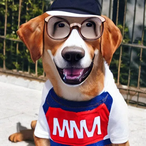 Prompt: a photorealistic dog character is wearing a shirt which writes'win'