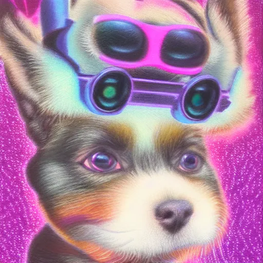 Image similar to Highly detailed pastel painting of a chibi puppy, detailed cyberpunk glitchcore synthwave art, trending on ArtStation