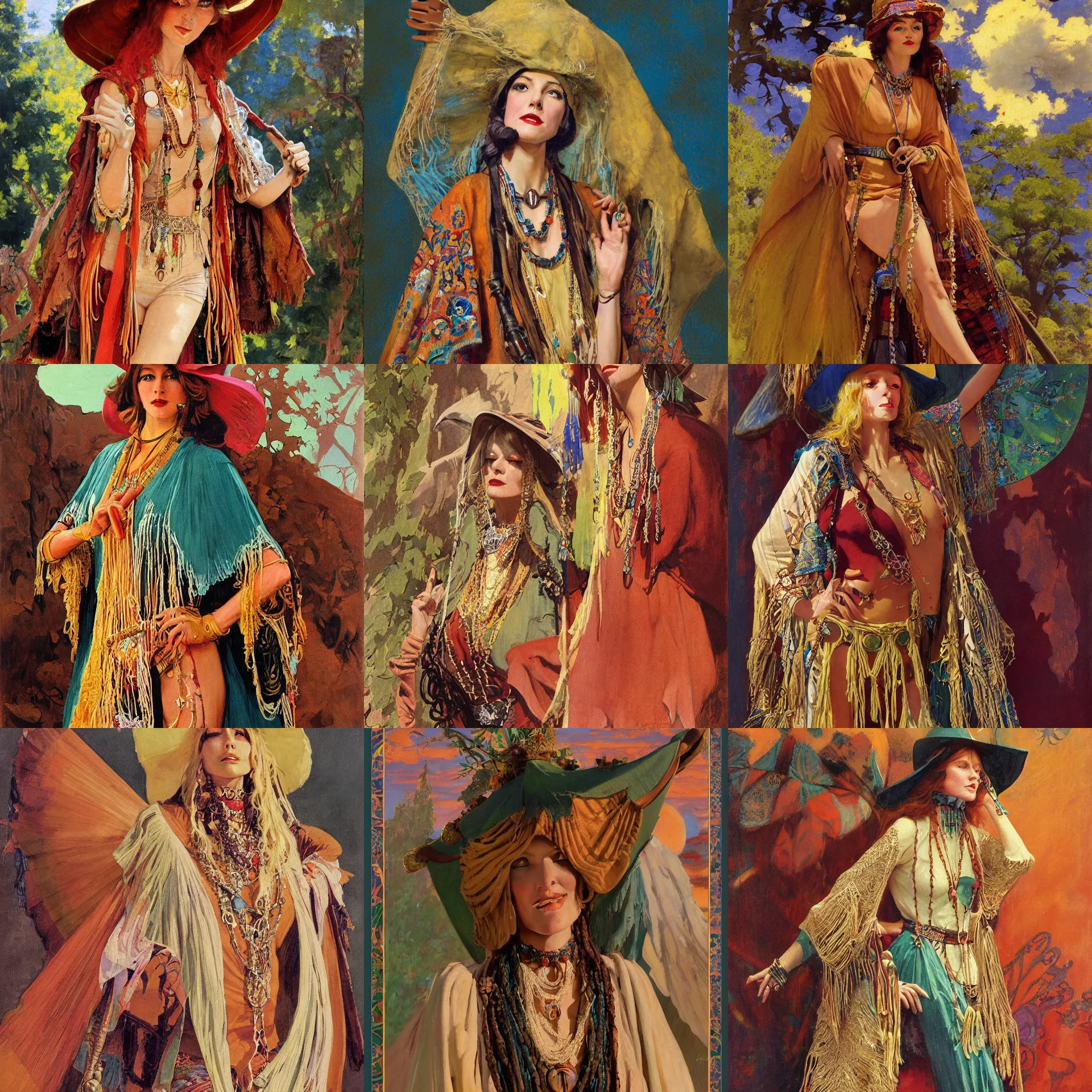 Prompt: pulp art, 1970s hippie cloth style, medieval woman with wooden jewelry, wearing rich jewerly, hat and boho poncho, fantasy character, artwork by Joseph Leyendecker and Hugh Ferriss and gil elvgren and ilya repin and Greg Manchess, illustration, volumetric light, geometric shapes, impressionism, soviet paintings, 3d octane blender render, progressive rock album cover