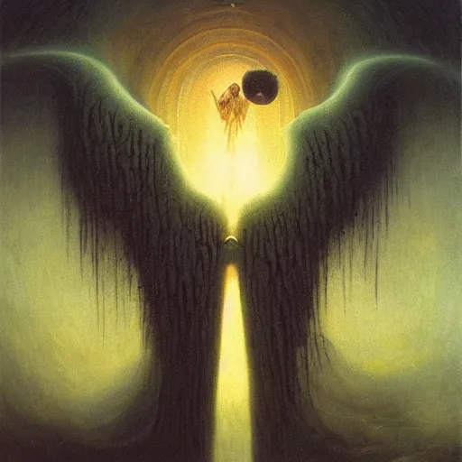 Prompt: terrible angel emerging from black hole, painting by beksinski and gammell and anato finnstark and rembrandt