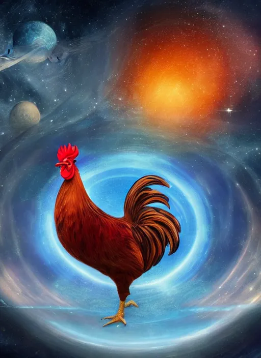Image similar to rooster in a planetary scene, mystical, astral, digital art, concept art, 4 k hd, symmetrical portrait