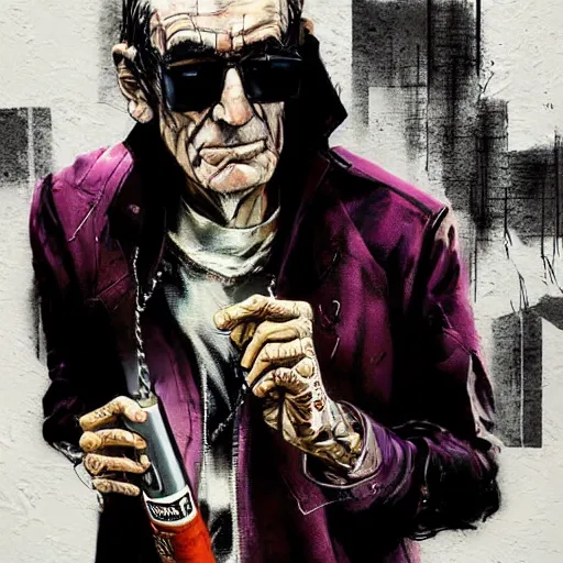 Prompt: highly detailed portrait of a moody post-cyberpunk Abe Vigoda with a lit cigar, by Dustin Nguyen, Akihiko Yoshida, Greg Tocchini, Greg Rutkowski, Cliff Chiang, 4k resolution, nier inspired, graffiti inspired, punk inspired, vibrant but dreary but upflifting lightning pink, black and white color scheme!!! ((Graffiti tag brick wall background))