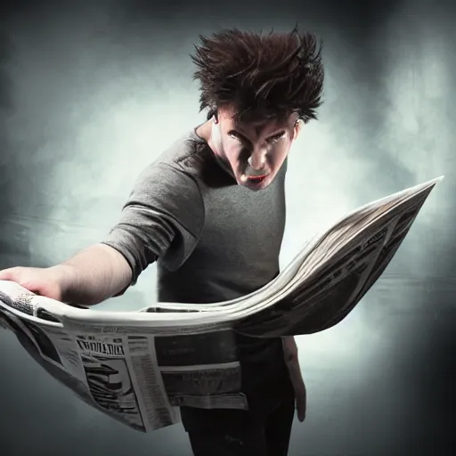 Prompt: professional photographic image of young angry man ripping newspapers, studio shot, dynamic lighting, high definition, highly detailed, photo-realistic, unreal engine render, 16k
