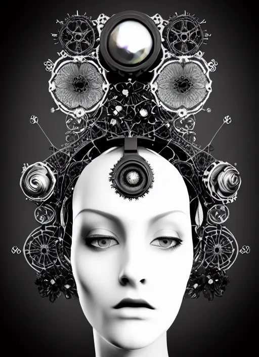 Image similar to black and white gothic masterpiece profile portrait, one steampunk eye silver hexagonal meshes floral biomechanical beautiful young female cyborg - vampire, big monocular, volumetric light, hibiscus flowers, by hg giger, rim light, big gothic fashion pearl embroidered collar, 8 k