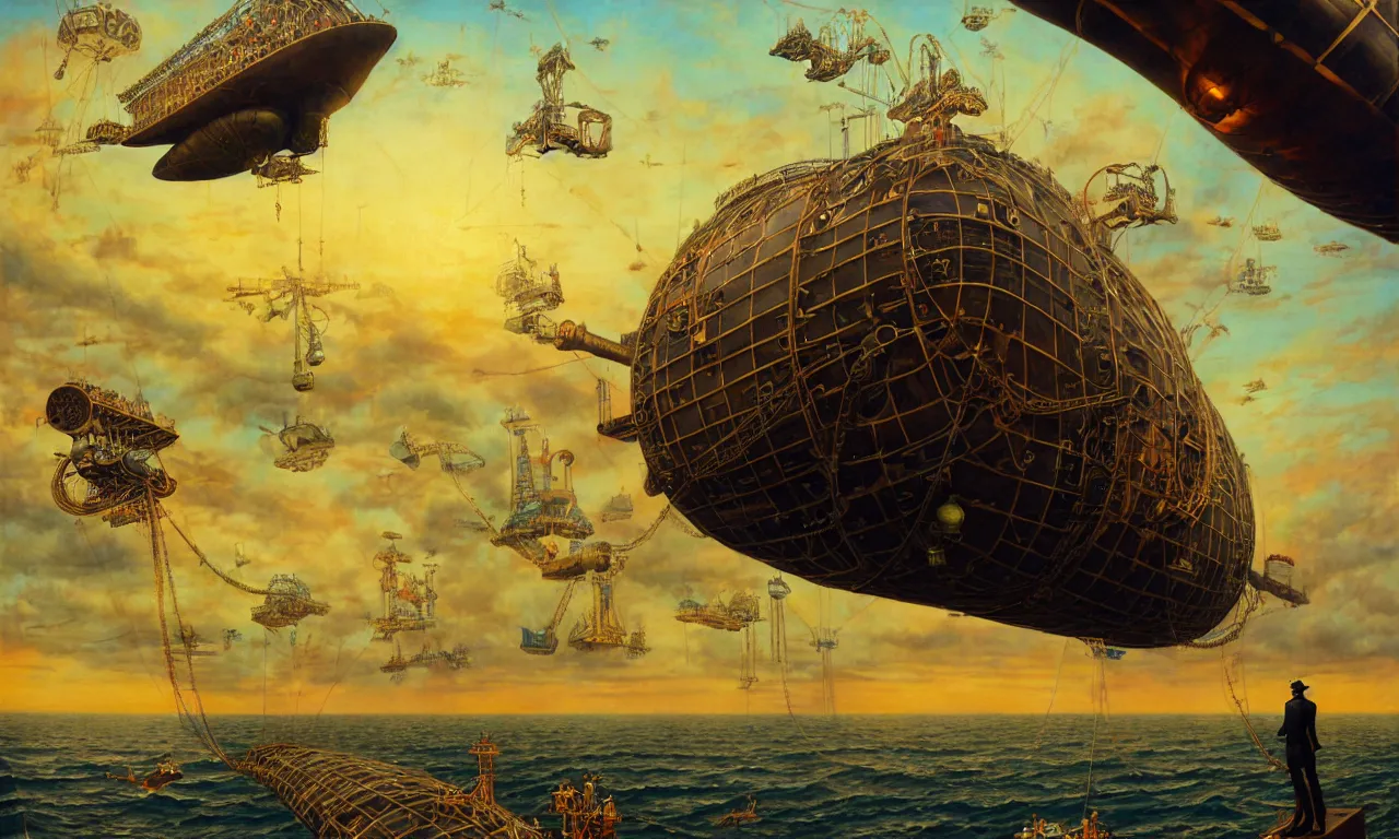 Image similar to close up of a gentleman navigator standing on deck of his steampunk zeppelin flying over a vast ocean of a very large language model, observing giant flying robot harvesters collecting data relations in the background, painted by josh kirby, ligne claire, very detailed and colorful, low light, sundown