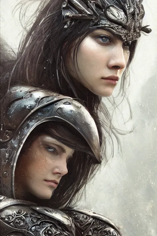 Prompt: ne stylised woman , fair skin, big eyes, long black hair, no bangs, wearing sculpted textured armour, closes her eye, battle damage, intricate complexity, close-up of the front of the face, resolute expression, back lighting, 4K resolution, symmetric, clear facial features, by Ruan Jia and Mandy Jurgens and William-Adolphe Bouguereau, Karol Bak, smooth, sharp focus, rich deep colors, digital render, intricate, ultra realistic, concept art