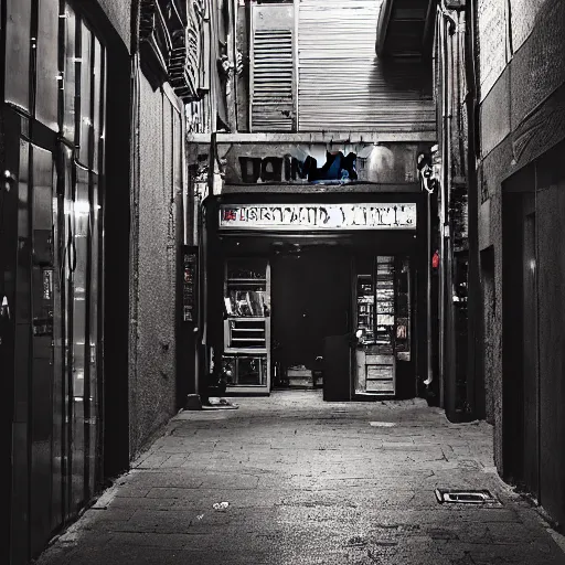 Image similar to downtown alleyway with watch repair shop in cyberpunk city, photograph, dark, ominous