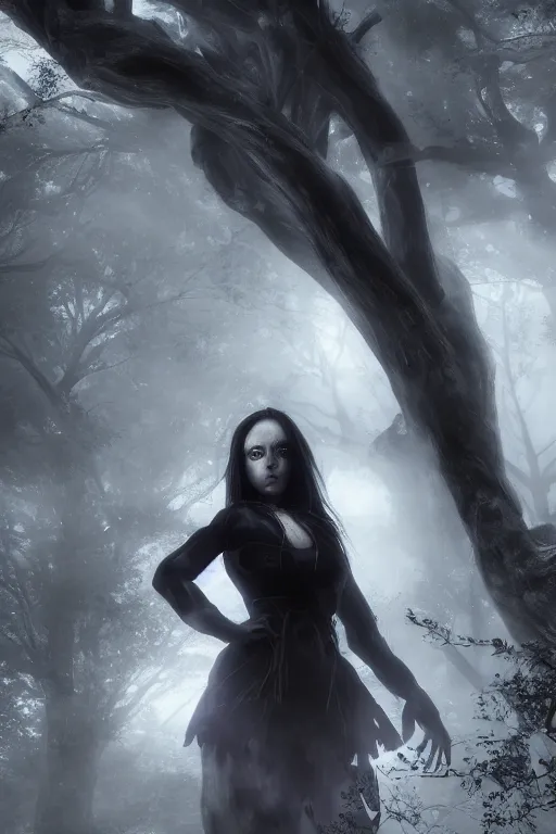 Image similar to plasma body, anime spectral female character, emerge from big old creepy tree, mist aura, black eyes melt, full body portrait, photorealistic, volumetric lighting, octane rendering, dark and mysterious, atmospheric, ominous, creepy, cinematic, real, concept art, Epic, 8k, 4k, ultra detail, ultra realistic, trading art station, rendered by awesomeness