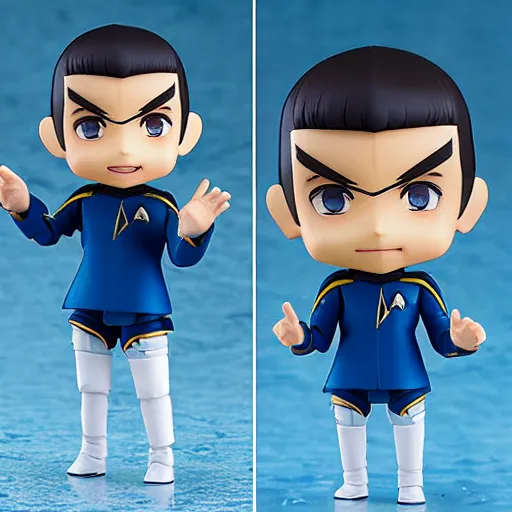 Image similar to spock from the tv series star trek, serious look, pointed ears, spock haircut, as an anime nendoroid, starfleet uniform, detailed product photo