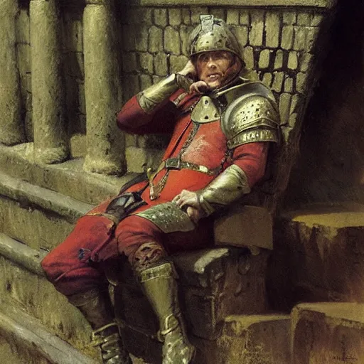 Prompt: a medieval guard, relaxing after a fight, candid and worn out, fantasy character portrait by gaston bussiere, craig mullins