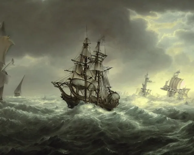 Prompt: a 16th century galleon warship being attacked by the kraken with huge octopus tentacles on the dark, stormy seas with huge waves. The air is full of cannon fire and smoke. hyperealistic, intricate detail, 8k, cinematic, trending on artstation