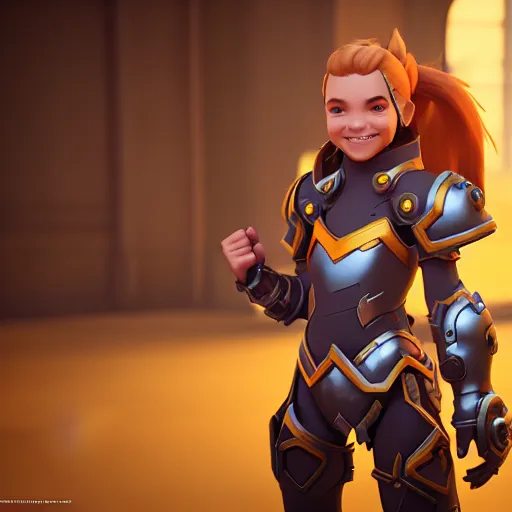 Prompt: a young girl with the appearance and armor of brigitte from overwatch, design, octane render, 4 k, ingame shot