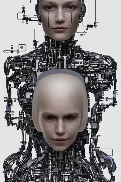 Image similar to robot with human face, female head, full body angle, woman human face, human face realistic, beautiful blonde hair, human head, human head with blonde hair, blonde hair human head, blonde hair, human realistic face, human head skin, cyborg frame concept, cyborg by ales-kotnik, sci-fi android female, the body is made of wires, robotic body, cyborg body, cyborg bust body, robot body cyborg, full body