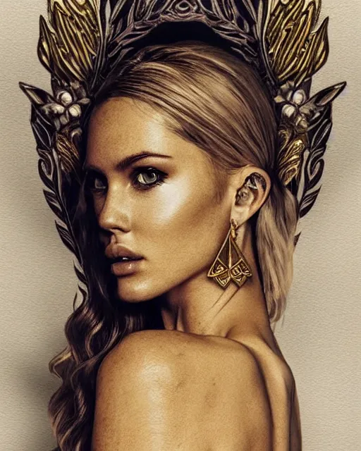 Image similar to tattoo sketch of beautiful super model aphrodite greek goddess wearing a gold laurel wreath and triangle earrings, beautiful piercing gaze with sharp pupils, beautiful blonde hair, in the style of greg rutkowski, fantasy, amazing detail, epic, elegant, smooth, sharp focus, front view