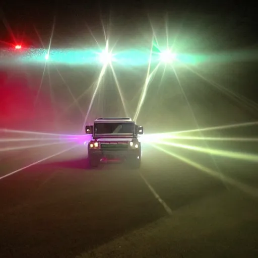 Prompt: silver hummer truck on a stage : : surrounded by fog and a laser show.