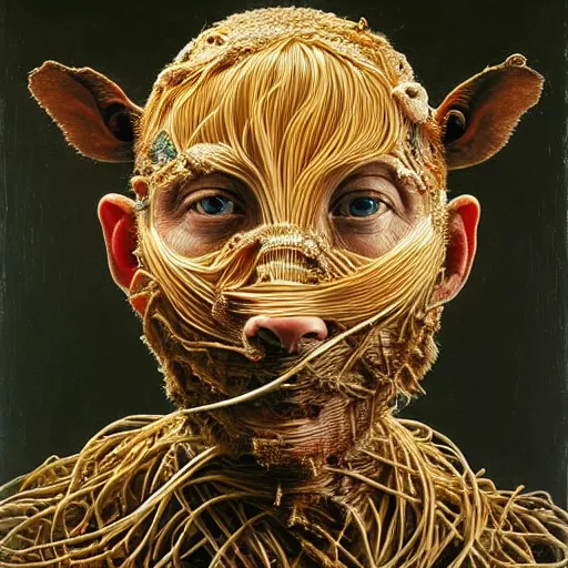 Image similar to half boy half rhino made of spaghetti, intricate armor made of spaghetti fractals, by giuseppe arcimboldo and ambrosius benson, renaissance, intricate and wet oil paint, a touch of beksinski, realistic