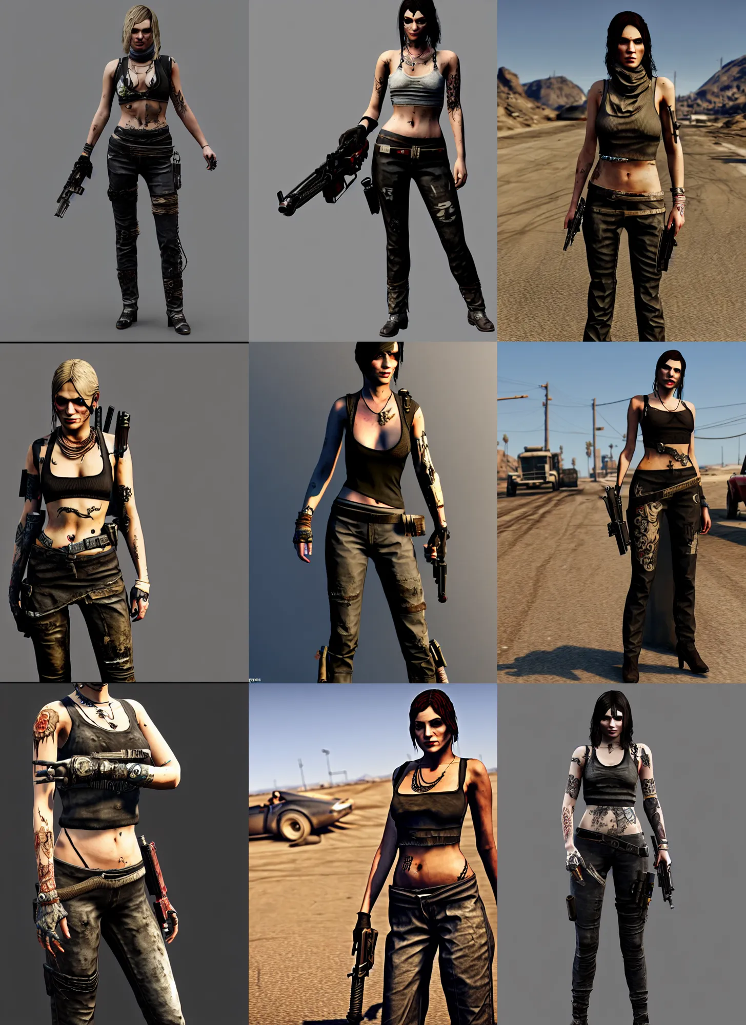 Prompt: full body concept, gtav style mad max female with beautiful face wearing intricate clothing, octan render, 4 k