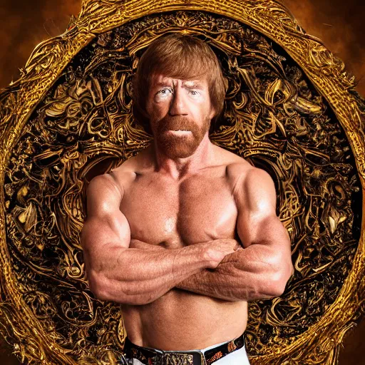 Image similar to 8 5 mm f 1. 8 photograph of chuck norris wearing an ornate costume by iris van herpen, highly detailed, digital painting, artstation, smooth, sharp foccus, commercial photography, fashion shoot