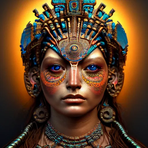 Image similar to mayan goddess , very detailed face, detailed features, fantasy, circuitry, explosion, dramatic, intricate, elegant, highly detailed, digital painting, artstation, concept art, smooth, sharp focus, illustration, art by Gustave Dore, octane render