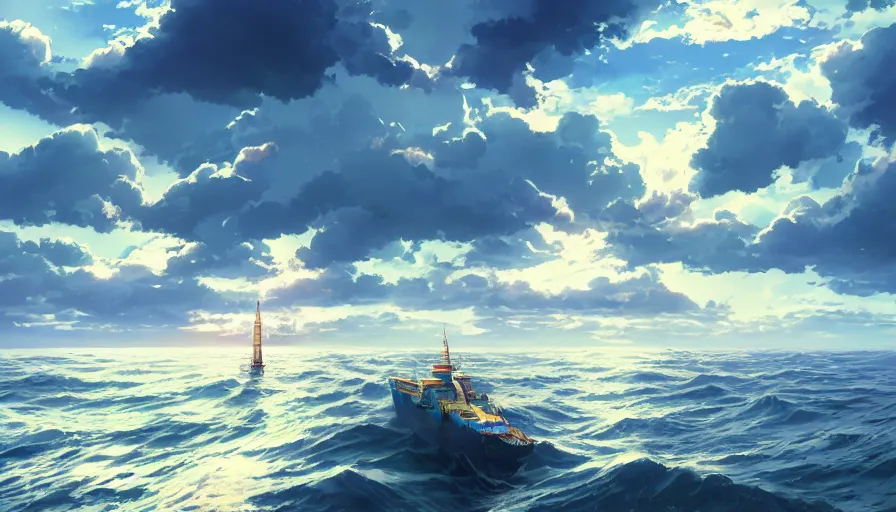 Prompt: ship sailing at sea, dynamic blue sky, storm sky, sun sunset, with blue light piercing through clouds, makoto shinkai, royal blue colors, lighting refraction, volumetric lighting, pixiv art, highly detailed, anime art, greg rutkowski, symmetrical, artgerm, wlop, anime art