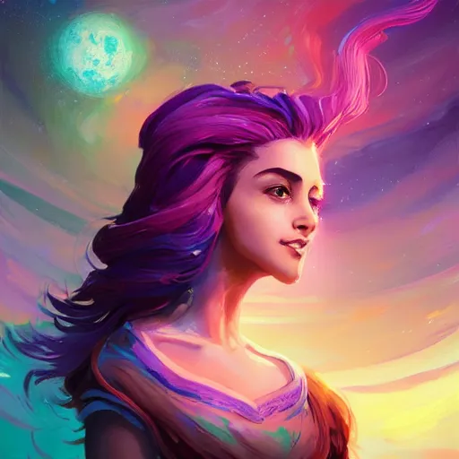 Image similar to portrait of beautiful woman with magical nebula hair, maya ali mage, gloomhaven, dynamic lighting, gaudy colors, octane render aesthetic, matte painting concept art, official fanart behance hd artstation by jesper ejsing, by rhads and makoto shinkai and lois van baarle and ilya kuvshinov and rossdraws