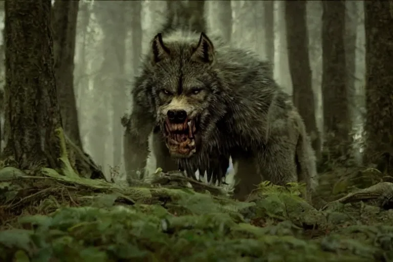 Image similar to vfx movie closeup detailed ancient warrior orc hunting wolf in the forest, natural lighting by emmanuel lubezki