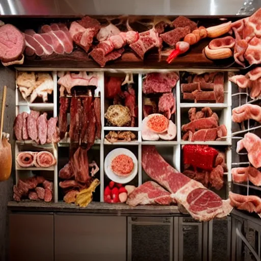 Image similar to an apartment made of meat and meat accessories, everything is meaty, edible living arrangements ( meat ). like it's all meat.