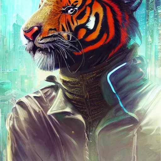 Image similar to a beautfiul award winning commission portrait of an anthro tiger in the neon cyberpunk city at night,wearing a leather jacket,glow effect,detailed face,photorealistic,character design by charles bowater,ross tran,deviantart,artstation,digital art,hyperdetailed,realistoc,western comic style,vfx,dramatic,dream-like