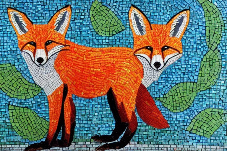 Prompt: Tile mosaic mural of a Red Fox, intricate detailing, mostly triangular and geometric, beautiful high quality art