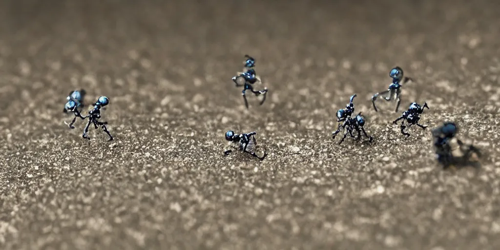 Image similar to macro photography of amazing tiny adorable nanobots in a kung fun battle in a macro ghost town