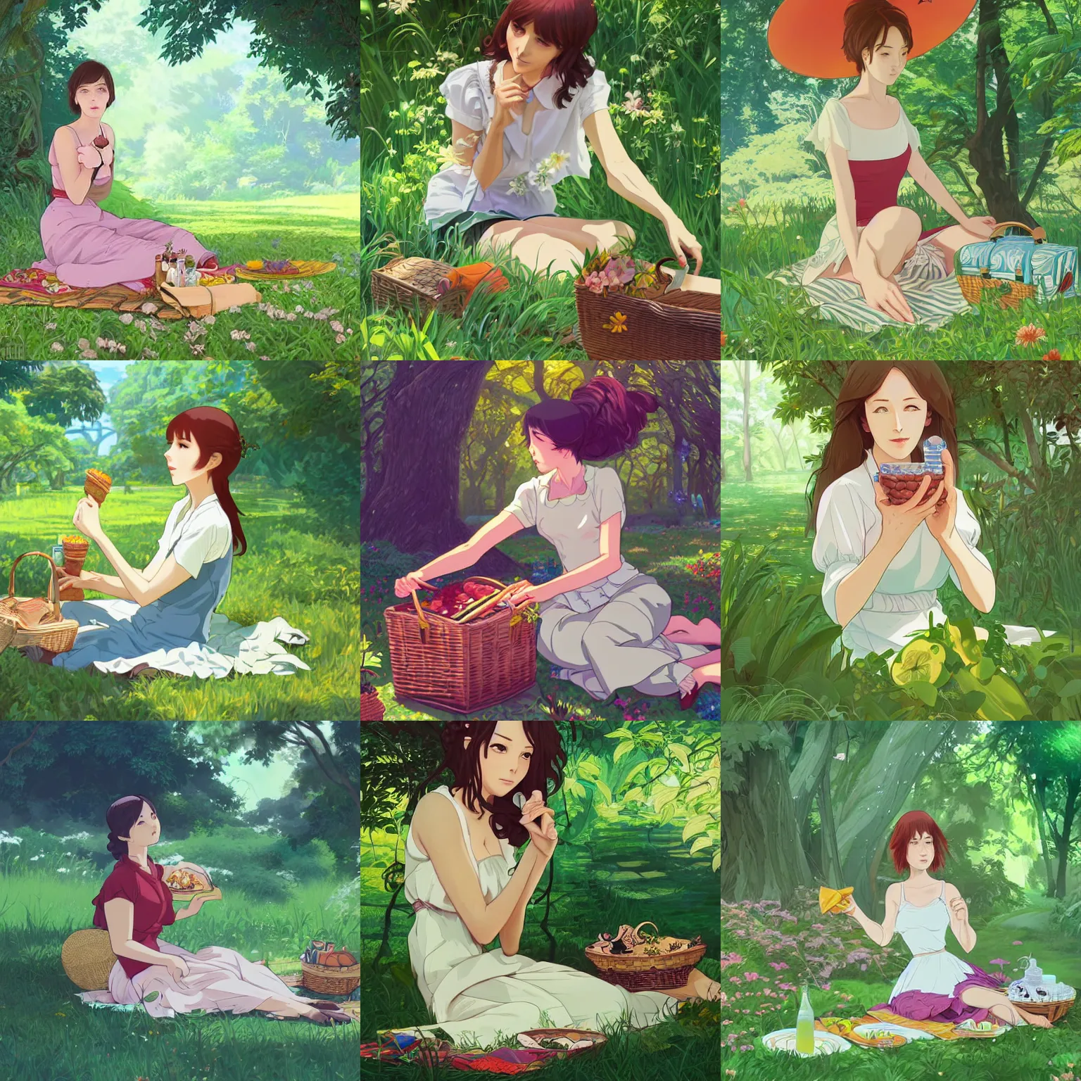 Prompt: woman having a picnic in a lush park, character portrait, highly detailed, digital painting, studio ghibli key visual, in the style of ilya kuvshinov and stanley artgerm lau and alphonse mucha