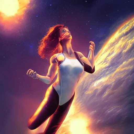 Image similar to photo of a woman alone in space in the style of stefan kostic, realistic, body shot, sharp focus, 8 k high definition, insanely detailed, intricate, elegant, art by stanley lau and artgerm, floating embers