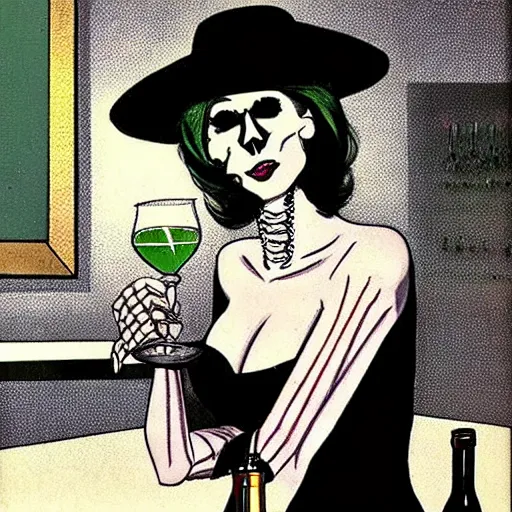 Prompt: a skeleton in a black suit sitting at the bar at the disco club drinking tequila, talking to a beautiful woman in a low cut blouse and a miniskirt, holding a martini, by Basil Gogos and Robert McGinnis